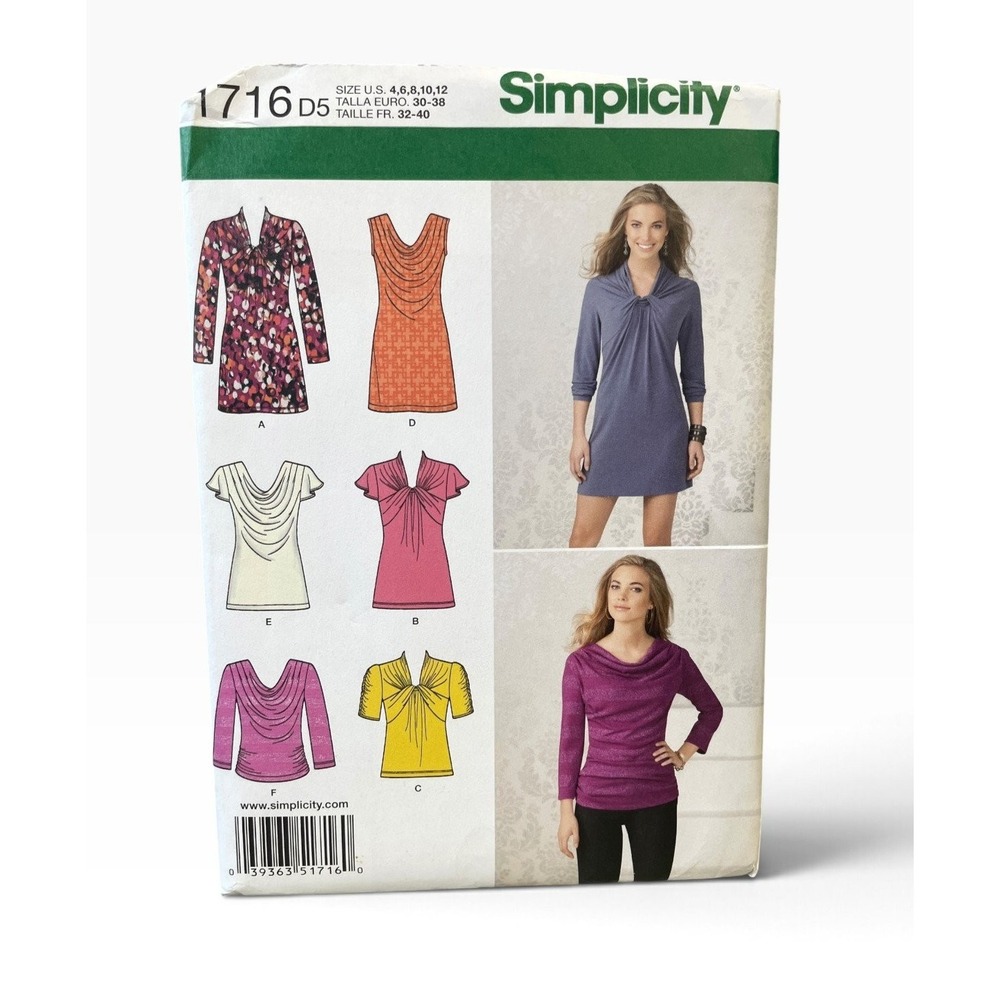 Simplicity 1716 Misses Knit Mini-Dress Tunic Top US 4-12 Cowl Neck Dolman Uncut